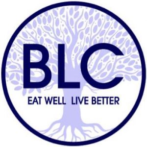 Better Living Center Logo - Purple tree with large canopy and roots overlaid with initials BLC and words Eat Well Live Better