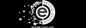 Expose Design Logo - globe like shape with and e in the center Expose Design around half and splattered design scattering on the other side, below are words Creation Starts Here