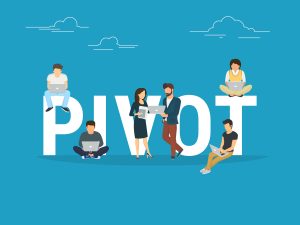 Small Business owners hanging out around the word PIVOT