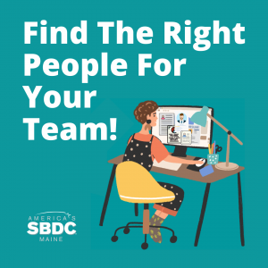 Graphic of woman at desk Text reads "Find the right people for your team"