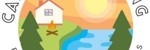 Circle logo on white background with a cabin on a lake at sunset, includes a campfire and pine trees, Campfire Booking for Maine's vacation Rentals text wraps around the illustration.