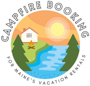 Circle logo on white background with a cabin on a lake at sunset, includes a campfire and pine trees, Campfire Booking for Maine's vacation Rentals text wraps around the illustration.