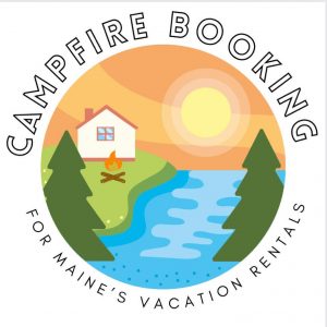 Circle with a cabin on a lake at sunset, with a campfire and pine trees, Campfire Booking for Maine's vacation Rentals text wraps around the illustration.