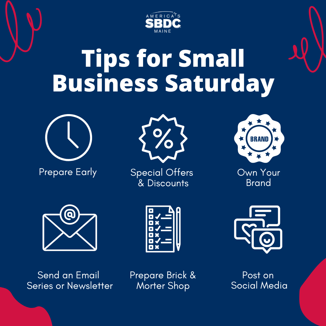 Dark blue and red square graphic with Title: Tips for Small Business Saturday. Includes tips and graphics.