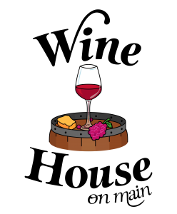 Logo with text saying Wine House on Maine above and below an illustration of a glass of red wine and cheese on a wine barrel top.
