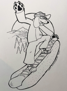 Cartoon of a dog on a hot dog, riding it like a snowboard. Sun and mountains are in the background.