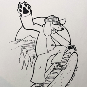 Cartoon of a dog on a hot dog, riding it like a snowboard. Sun and mountains are in the background.