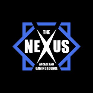 The Nexus Arcade and Gaming Lounge logo, on black background. Cobalt blue graphic lines outline "The Nexus" in white, the X is larger and insects the whole logo.