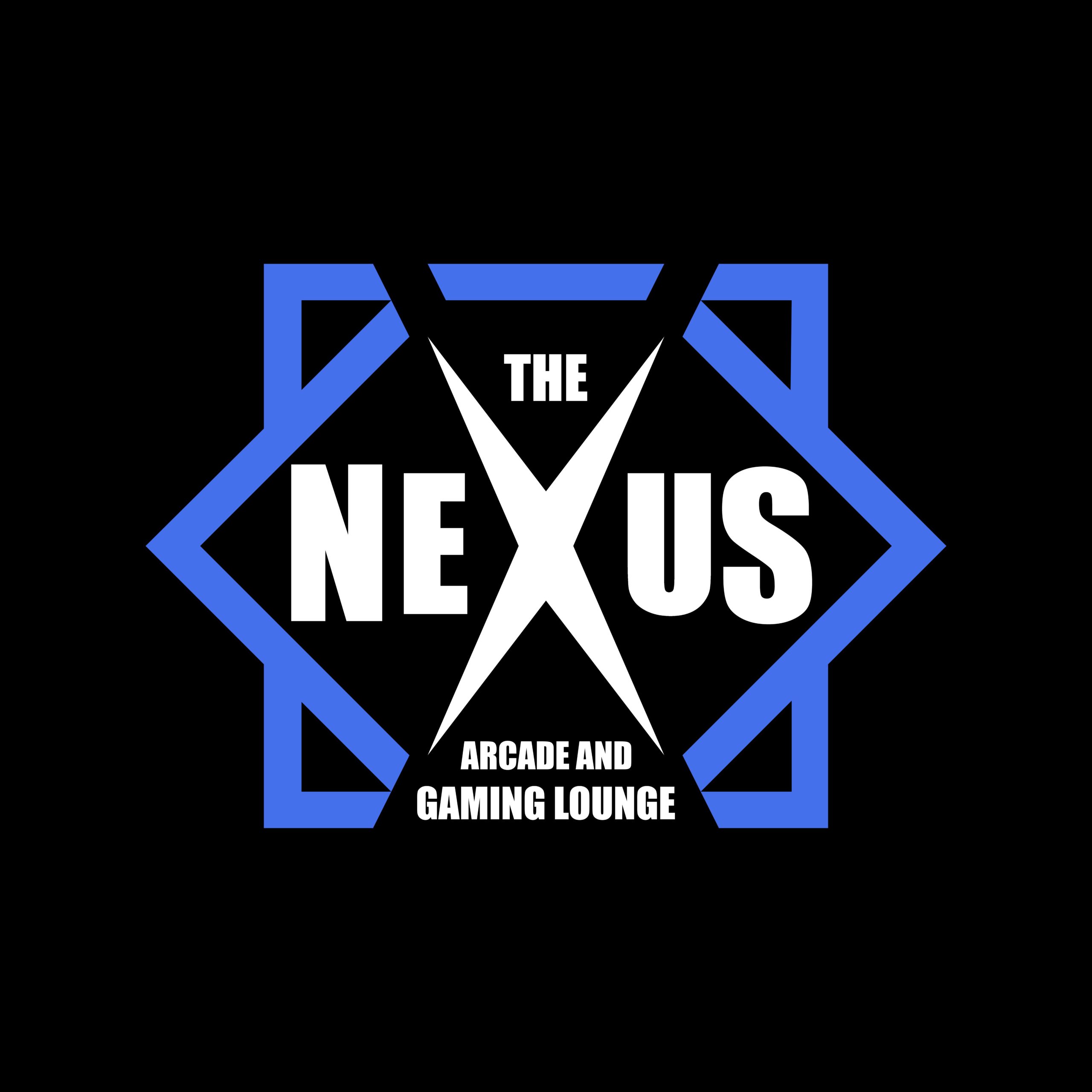 The Nexus Arcade and Gaming Lounge logo, on black background. Cobalt blue graphic lines outline "The Nexus" in white, the X is larger and insects the whole logo.