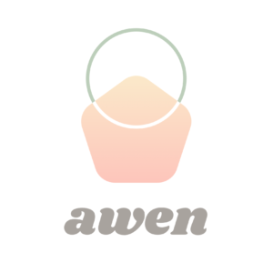 AWEN logo which has an pentagon with a peach to light yellow fade from bottom to top, and a grey circle that intersects the top of the pentagon and turns white where it over laps. awen is in lower case below the graphic is grey.