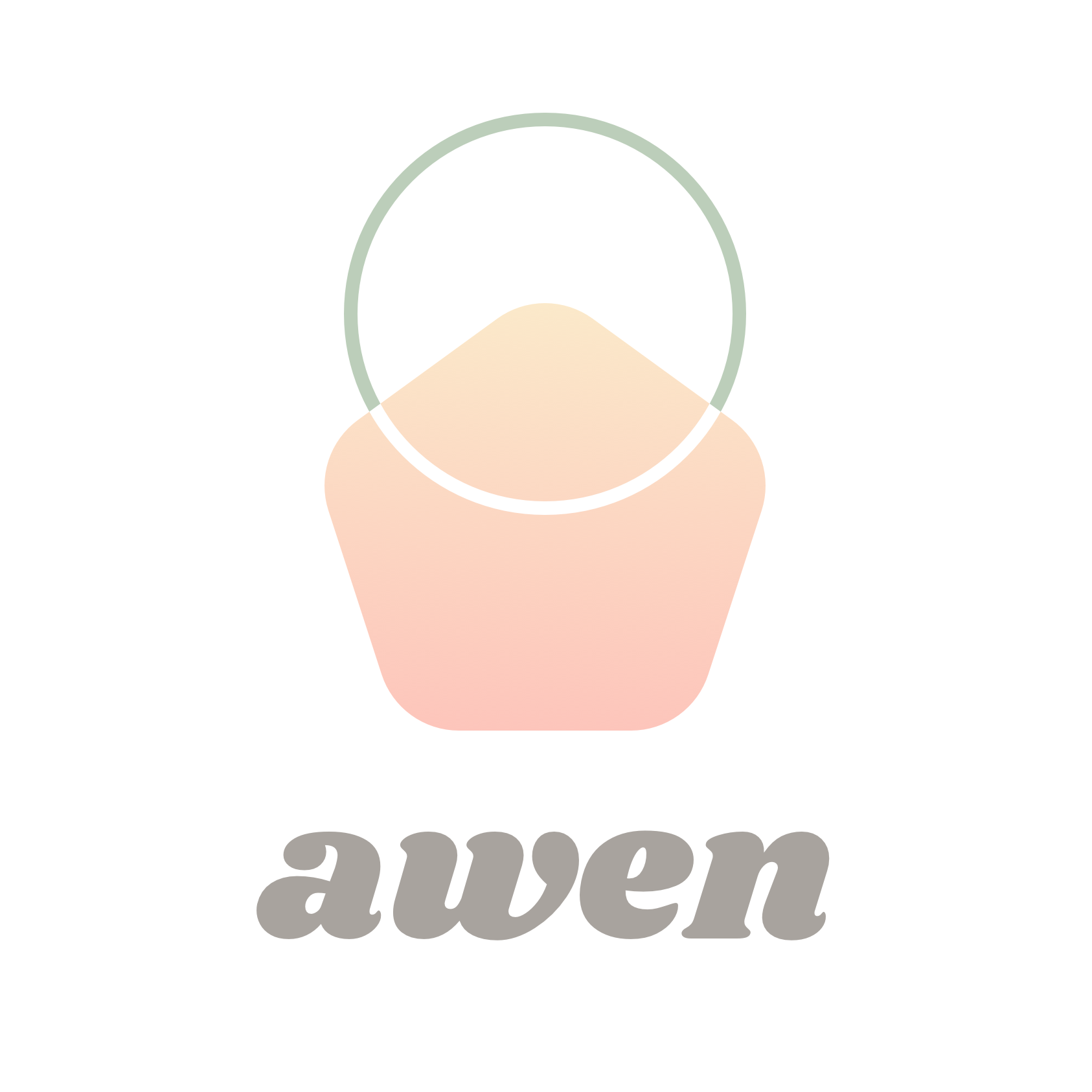 AWEN logo which has an pentagon with a peach to light yellow fade from bottom to top, and a grey circle that intersects the top of the pentagon and turns white where it over laps. awen is in lower case below the graphic is grey. 