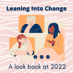 Illustrations of a conference call, with type reading Leaning into Change: A look back at 2022