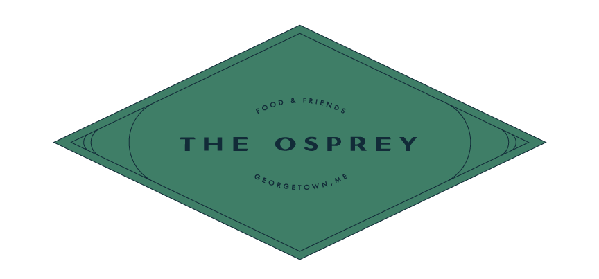 Green diamond with thin teal line around the border. THE OSPREY is written across the center and the words Food & Friends Georgetown, ME curved around the  name. 