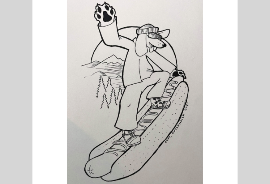 Cartoon of a dog on a hot dog, riding it like a snowboard. Sun and mountains are in the background.