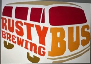Rusty Bus Brewing Logo, red, orange and yellow type is in the shape of a bus