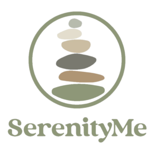 SerenityME logo has the name in light green, above it is a circle outline in the same color with a slack of rocks inside in various earth tones. White background full frame image