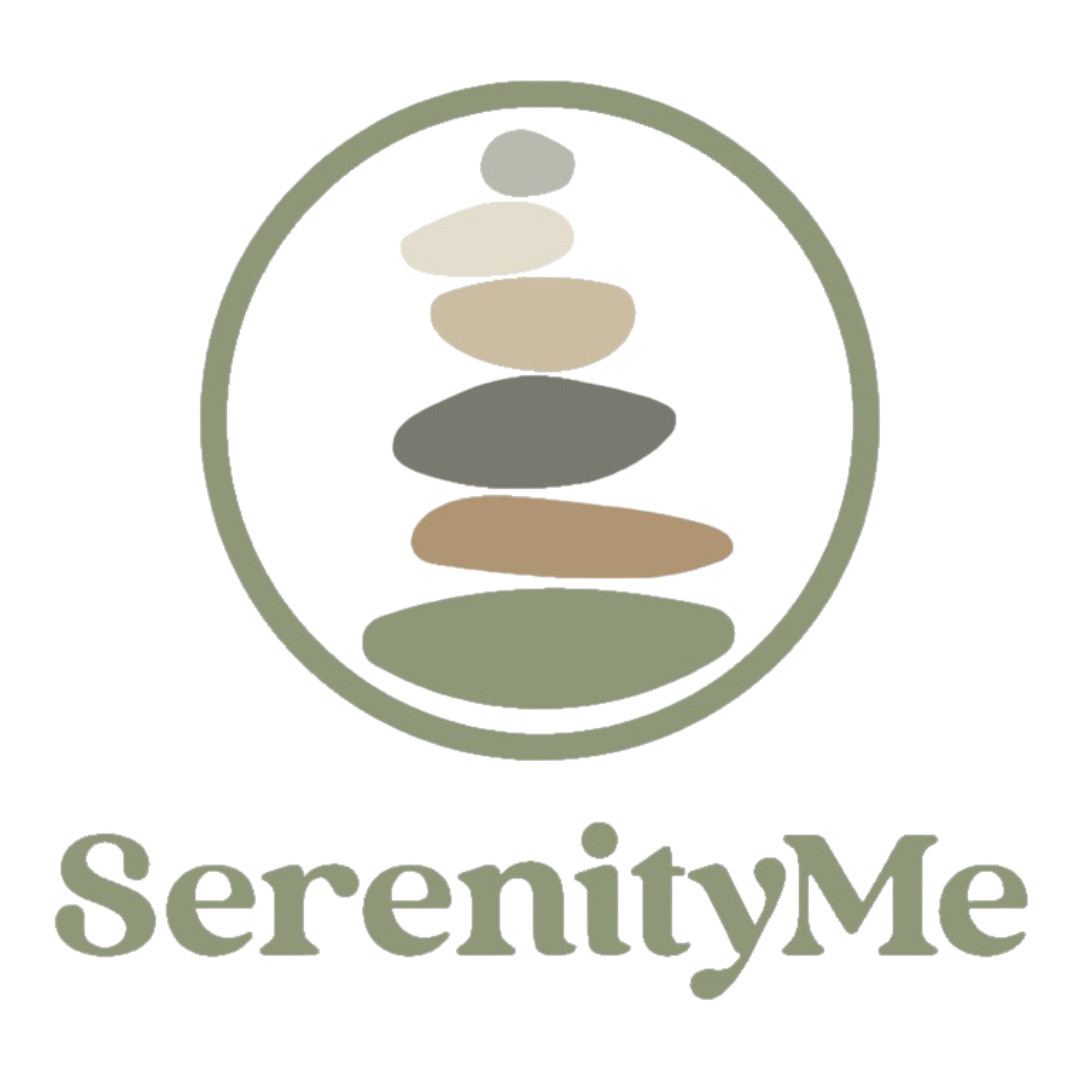 SerenityME logo has the name in light green, above it is a circle outline in the same color with a slack of rocks inside in various earth tones.  White background full frame image