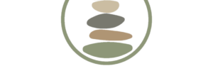 SerenityME logo has the name in light green, above it is a circle outline in the same color with a slack of rocks inside in various earth tones. White background smaller logo in center