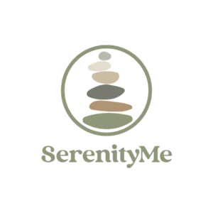 SerenityME logo has the name in light green, above it is a circle outline in the same color with a slack of rocks inside in various earth tones. White background smaller logo in center