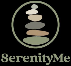 SerenityME logo has the name in light green, above it is a circle outline in the same color with a slack of rocks inside in various earth tones. Black background full frame image