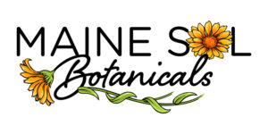 Maine Sol Botanicals logo, black font with a few yellow flowers, underlining and framing the words. The O in sol is a yellow flower too.