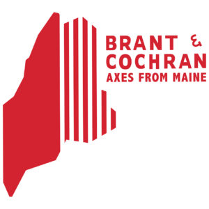 Brant & Cochran Axes From Maine logo, with read online of Maine, half is solid, half is striped.