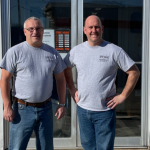 Chad Boulet (right) and Scott Hunter(left) proudly stand in front of their store front, at Depot Square Hardware & Variety