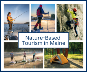 A collage of photos of people doing outdoor activities. White background with navy blue type reading Nature-Based Tourism in Maine, with a red and blue version of the America's Maine SBDC logo.