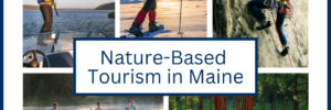 A collage of photos of people doing outdoor activities. White background with navy blue type reading Nature-Based Tourism in Maine, with a red and blue version of the America's Maine SBDC logo.
