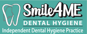 A teal, black and white sign with white text reading Smile4ME, Dental Hygiene, 737-9847, www.Smile4MEdh.com with a white tooth connected to the outline of Maine.