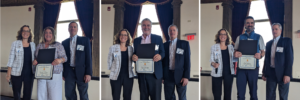 Left Christina O’Brien, Center Eric Treworgy, right Dan Umphrey. Each standing with State Director Linda Rossi and Maine SBDC State Director Mark Delisle and Vermont SBDC at NEPD 2023.
