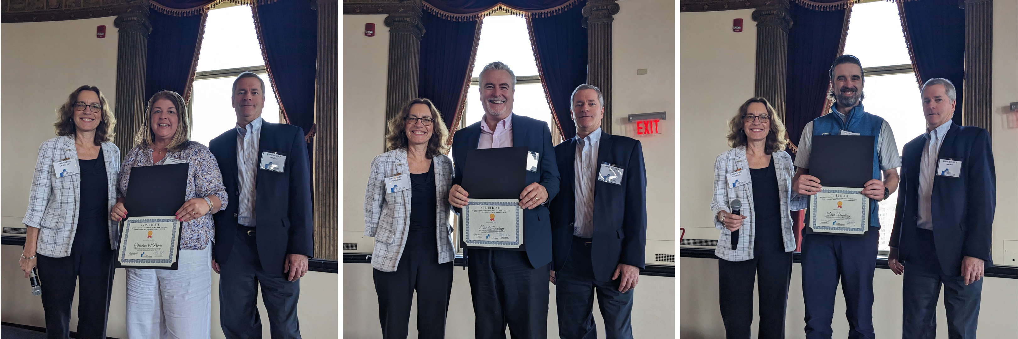 Left Image Christina O’Brien, Center Image Eric Treworgy, Right Image Dan Umphrey; with Vermont SBDC State Director Linda Rossi and Maine SBDC State Director Mark Delisle at NEPD 2023.