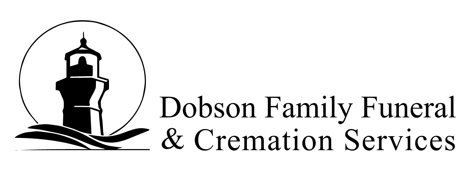 Dobson Family Funeral & Cremation Services Logo, black font with light house silhouette 
