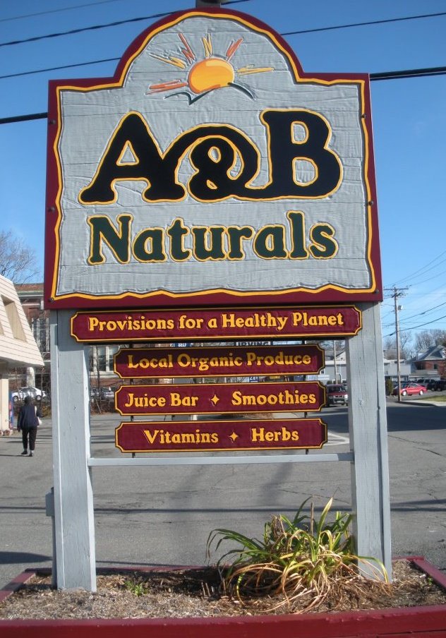 A&B Naturals street sign in Bar Harbor, Maine 