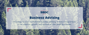 Moving image of a zoom into pine trees, animation appears as a transparent white rectangle with red accents in upper left and lower right corners. Text says "Business Advising Providing no-cost, confidential, business advising to help entrepreneurs in the creation, growth, and success of their small businesses." below the blue and red Maine SBDC Logo