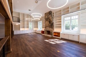 Well lighted room with book shelves, lighting done by Bolton Electric