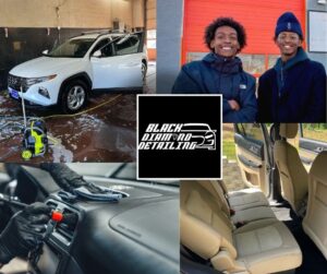 Collage of photos from Black Diamond Detailing which includes logo, interior and exterior of cars looking clean, and the two business owners