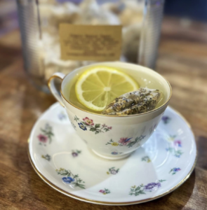 Tea in teacup and saucer at Sip House in Freeport