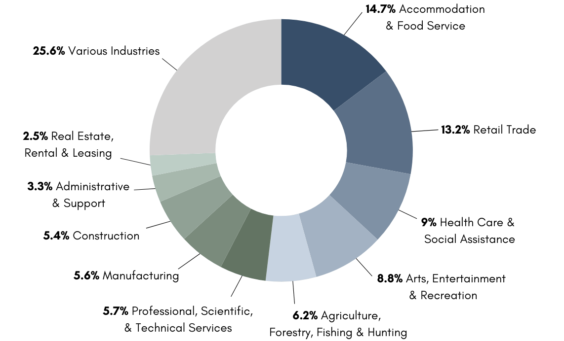 Client Composition chart in varying shads of grey and light green. 2.5% Real Estate, Rental & Leasing,3.3% Administrative & Support,5.4% Construction,5.6% Manufacturing,5.7% Professional, Scientific, &; Technical Services,9% Health Care & Social Assistance,6.2% Agriculture, Forestry, Fishing & Hunting,8.8% Arts, Entertainment, & Recreation,14.7% Accommodation & Food Service,13.2% Retail Trade,25.6% Various Industries
